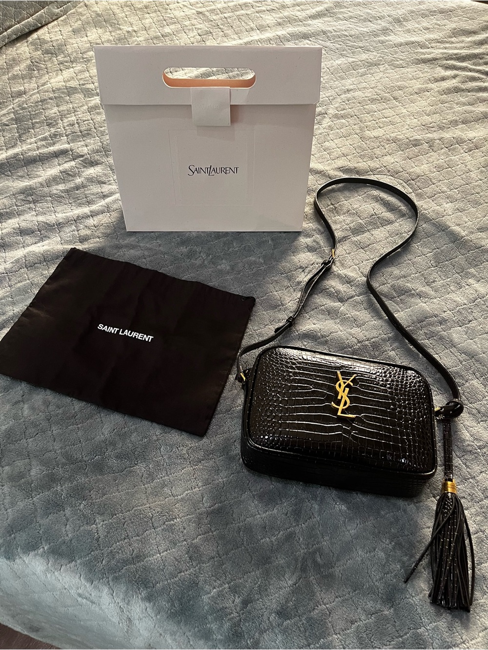 Saint Laurent Black Croc-Embossed Leather Camera Bag with Gold YSL Hardware